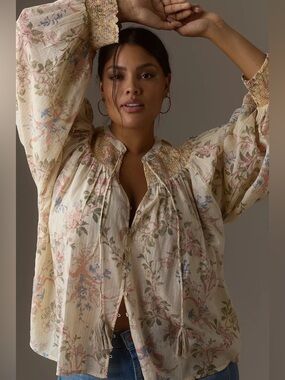 By Anthropologie Long-Sleeve Smocked Lurex Top Size L Neutral Motif